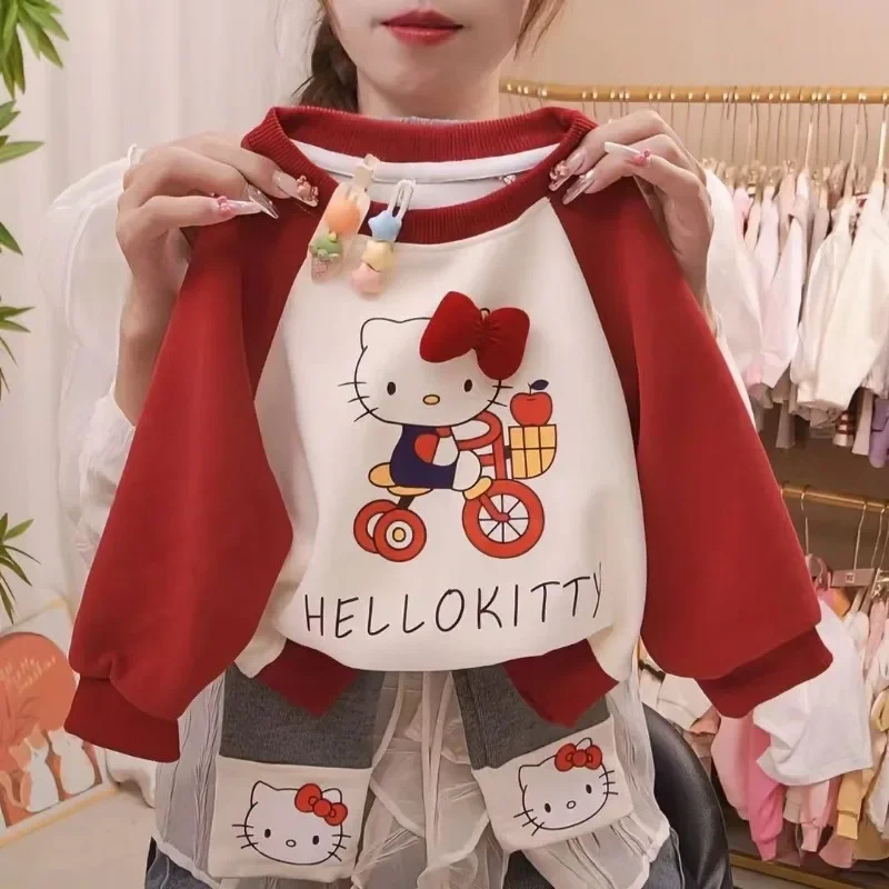 Hello Kitty Anime Kawaii MINISO Kawaii Ins Camicia casual Pantaloni Simpatico cartone animato Kt Cat Felpa con cappuccio Abbigliamento Belle ragazze per bambini