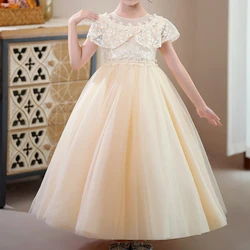 Girls' evening dress dinner hook flower Bat sleeve long mesh gauze princess dress flower child hosts the program #C245