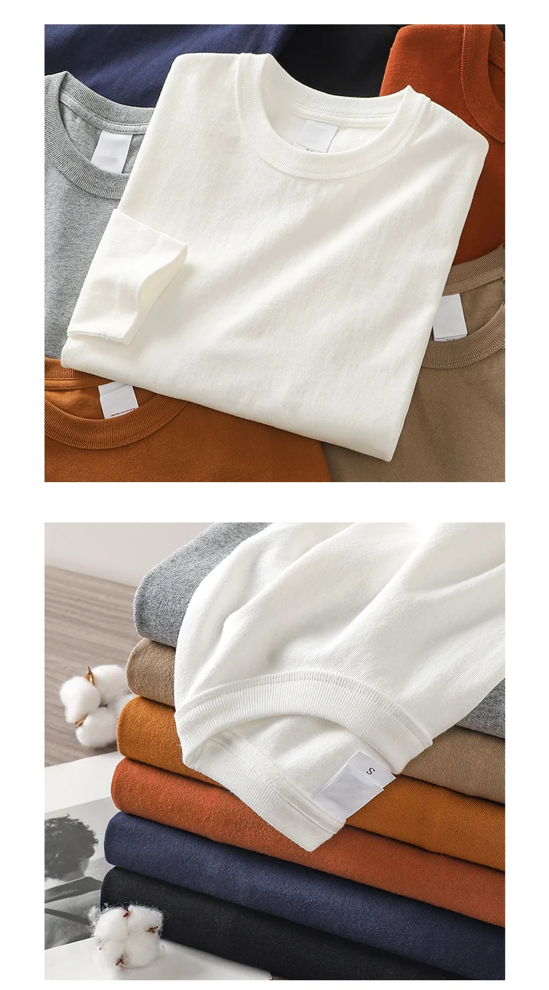 Dukeen 11,2 Oz Schwergewichts-Herbst-Langarm-T-Shirt für Herren, 100% Baumwolle, Einfarbiges Shirt mit Rundhalsausschnitt, Weiße Oberteile, Übergroße Herrenbekleidung – Detail 8