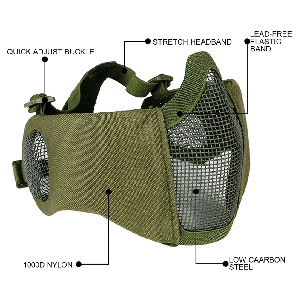 Tactical Airsoft Mask Half Face Paintball Shooting CS Foldable Steel Mesh Mask With Ear Protection Militar Hunting Cosplay Mask