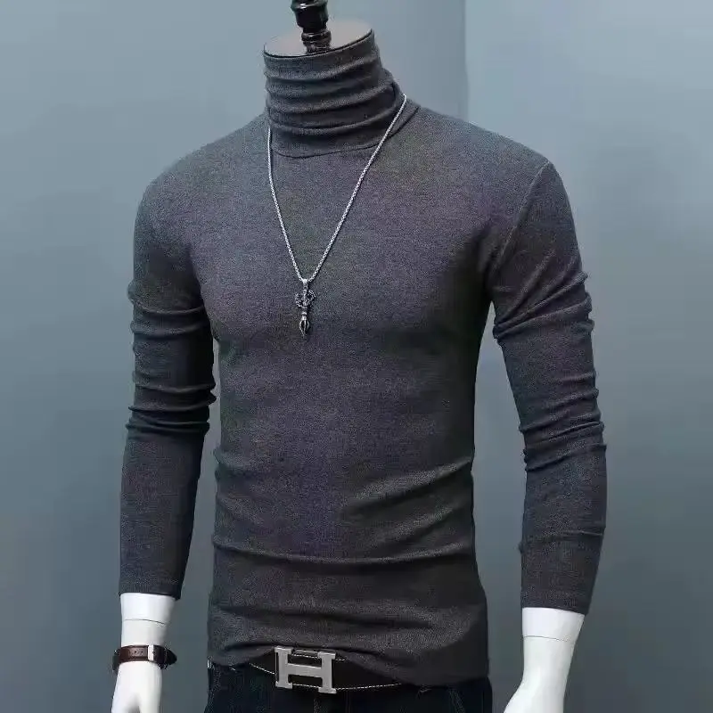Basic Bottoming Plain T-shirt Fashion Men's Casual Slim Fit Basic Turtleneck High Collar Pullover Male Autumn Spring Thin Tops