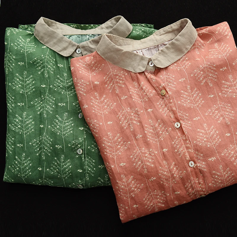 Floral impressão linho irt feminino casual sle colarinho cinco quartos sve solto ajuste temporada de verão comprimento regular