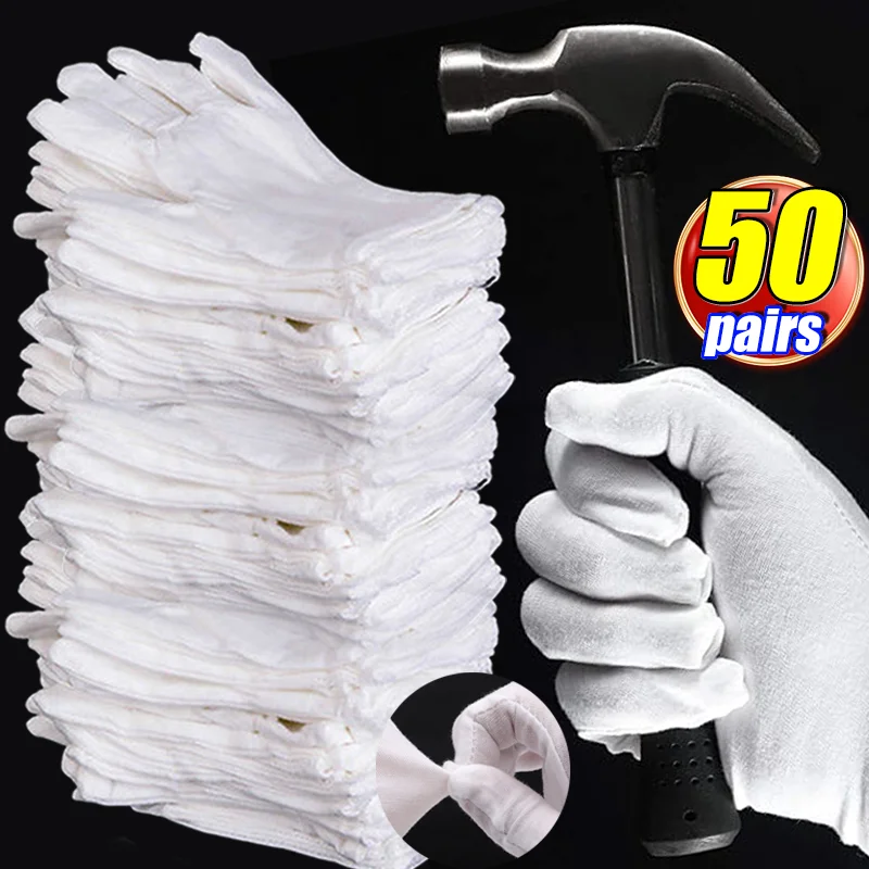 1-50pairs High Stretch Protection Gloves White Gloves Dermatitis Eczema Sufferers Avoid Disorders Labour Mittens Cleaning Tool