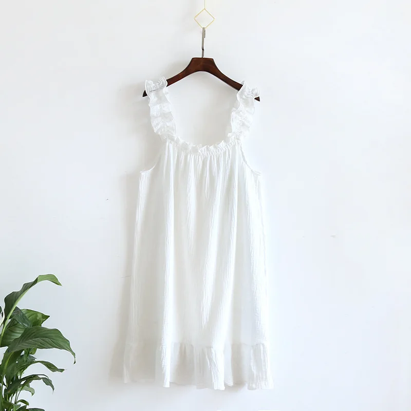 Soft Seersucker Nightdress Suspender Women\'s Cotton Nightgown Summer Cool Home Wear Dress Outside Wear Cute Sleepwear Nightwear