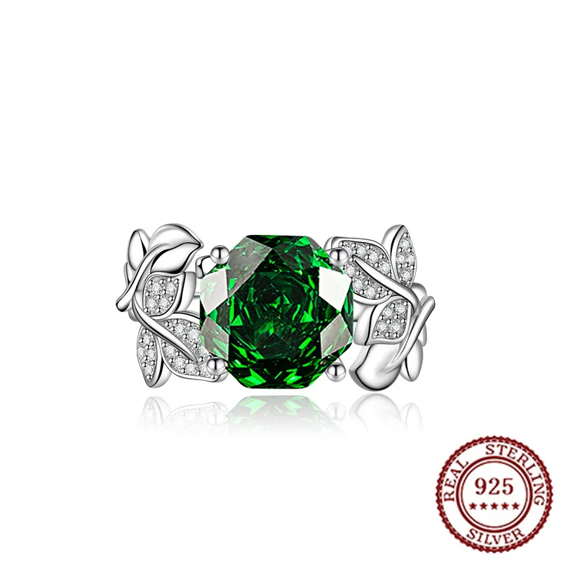 

925 Sterling Silver New Green High Carbon Diamond Millennium Rose Set Fashionable Octagonal Ring Earring Pendant Three Piece Set