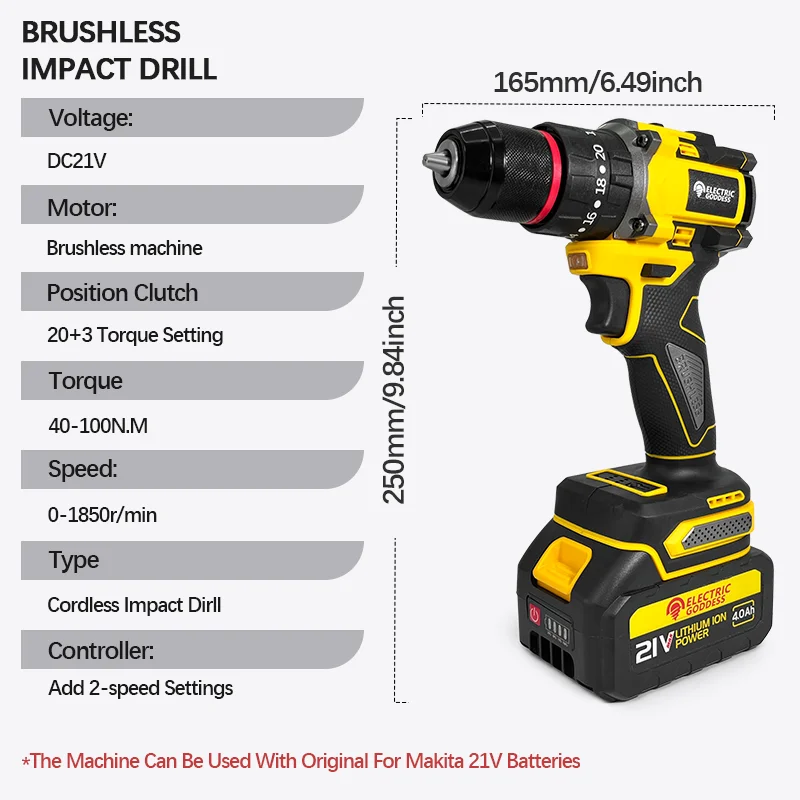 Electric Goddess 20+3Torque Cordless Impact Drill Electric Screwdriver Rechargeable Handheld Driver Tool Kit With Li-ion Battery