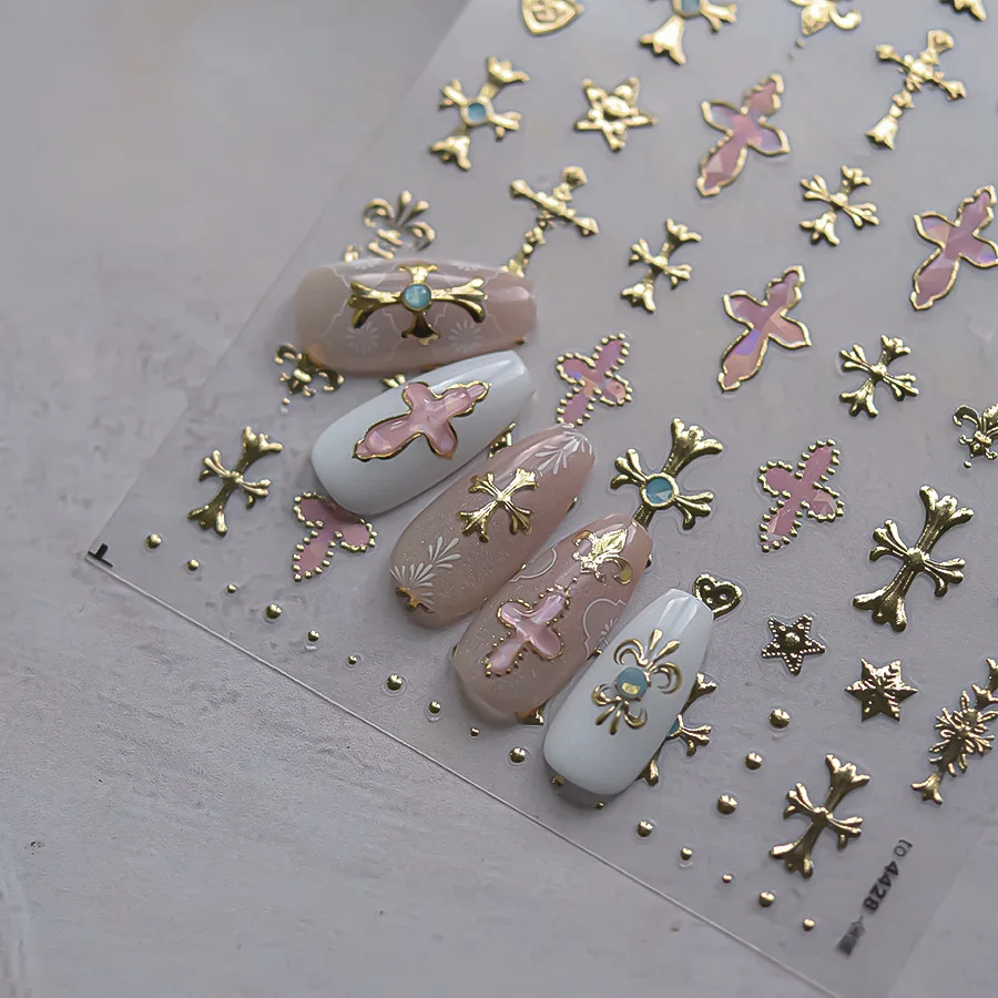 1 Sheet Nail Stickers High Quality Flash Golden Metal Cross Star Love Design Adhesive Stickers Nail Art Decoration T-4428