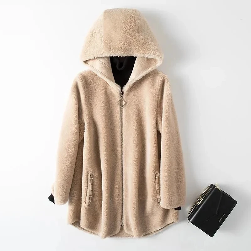 Chaqueta con capucha de piel sintética para mujer, Parkas gruesas y cálidas con cremallera, prendas de vestir de lana de cordero, abrigos de esquilar de oveja coreana, invierno, 2023