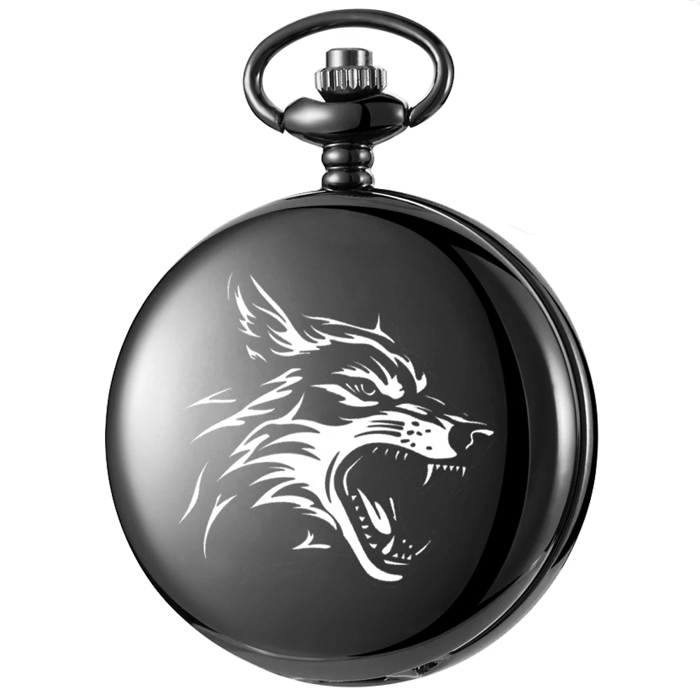 Roaring Wolf cool style design carving english alphabet face pocket watch a belt chain Black quartz watch birthday perfect gift