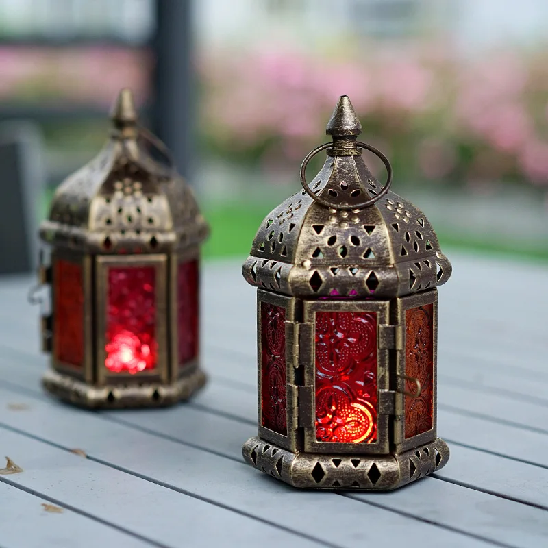 European Creative Iron Hanging Glass Wind Light Middle Eastern Candlestick Pendant Handheld Moroccan Candle Stand