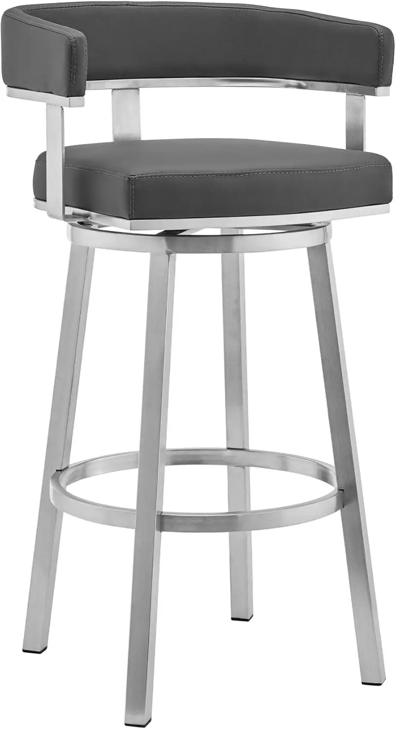 

Lorin Modern 26"" Seat Height Gray Faux Leather And Brushed Stainl Steel Metal Swivel Bar Stool For Kitchen Island Counter