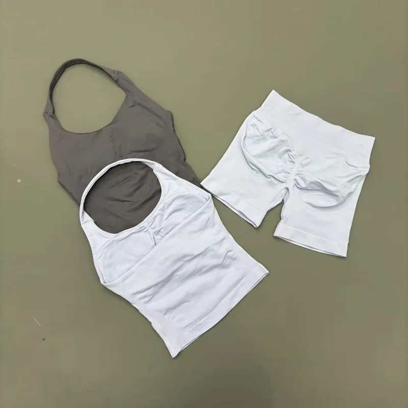 2 Pcs Fitness Set Seamless Longline Strappy Tank Breathable Sport Yoga Butt Lifting Shorts Suit Gym Running Workout Sports Sets