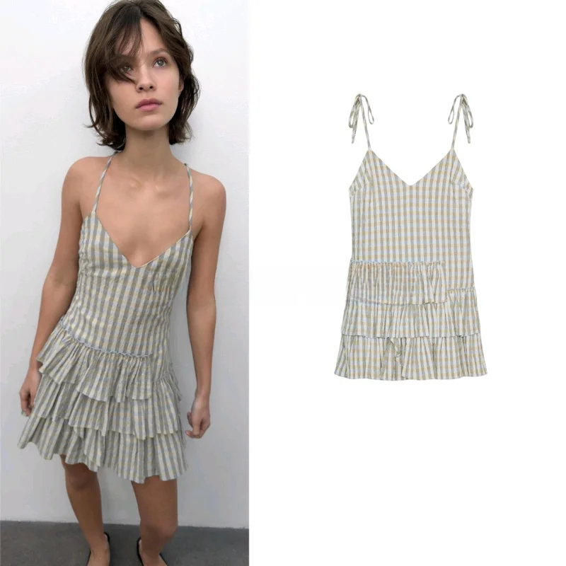 

Spring Summer New Women's Holiday Style Bow Tie V-neck Layered Decoration Short Dress Polyester Strap Dress Slim Fit Casual