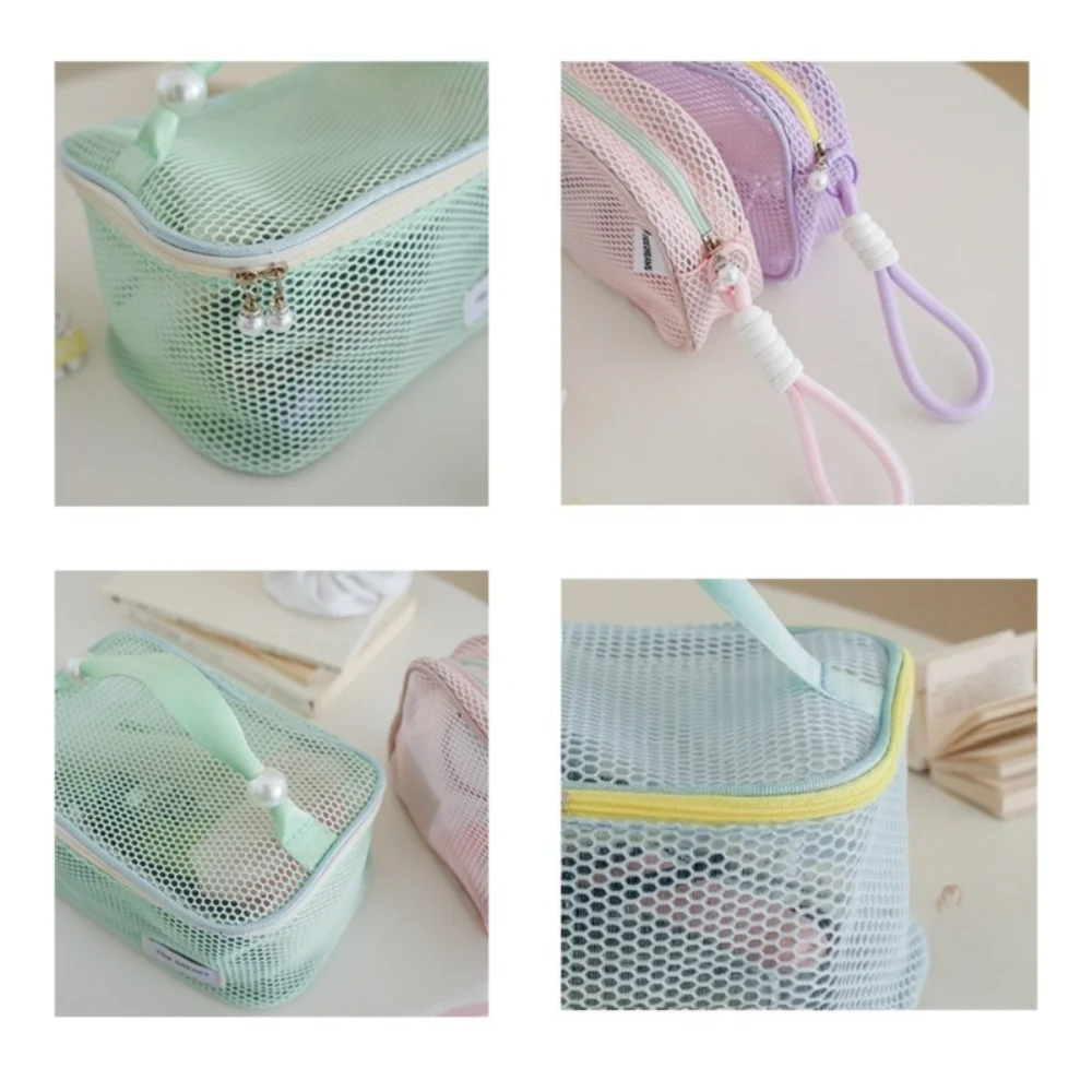 حقيبة مستحضرات التجميل الشبكية الأنيقة ذات سعة كبيرة وشفافة لأحمر الشفاه وحقيبة تخزين المفاتيح بلون الحلوى وسحاب لؤلؤي حقيبة أدوات الزينة للسفر