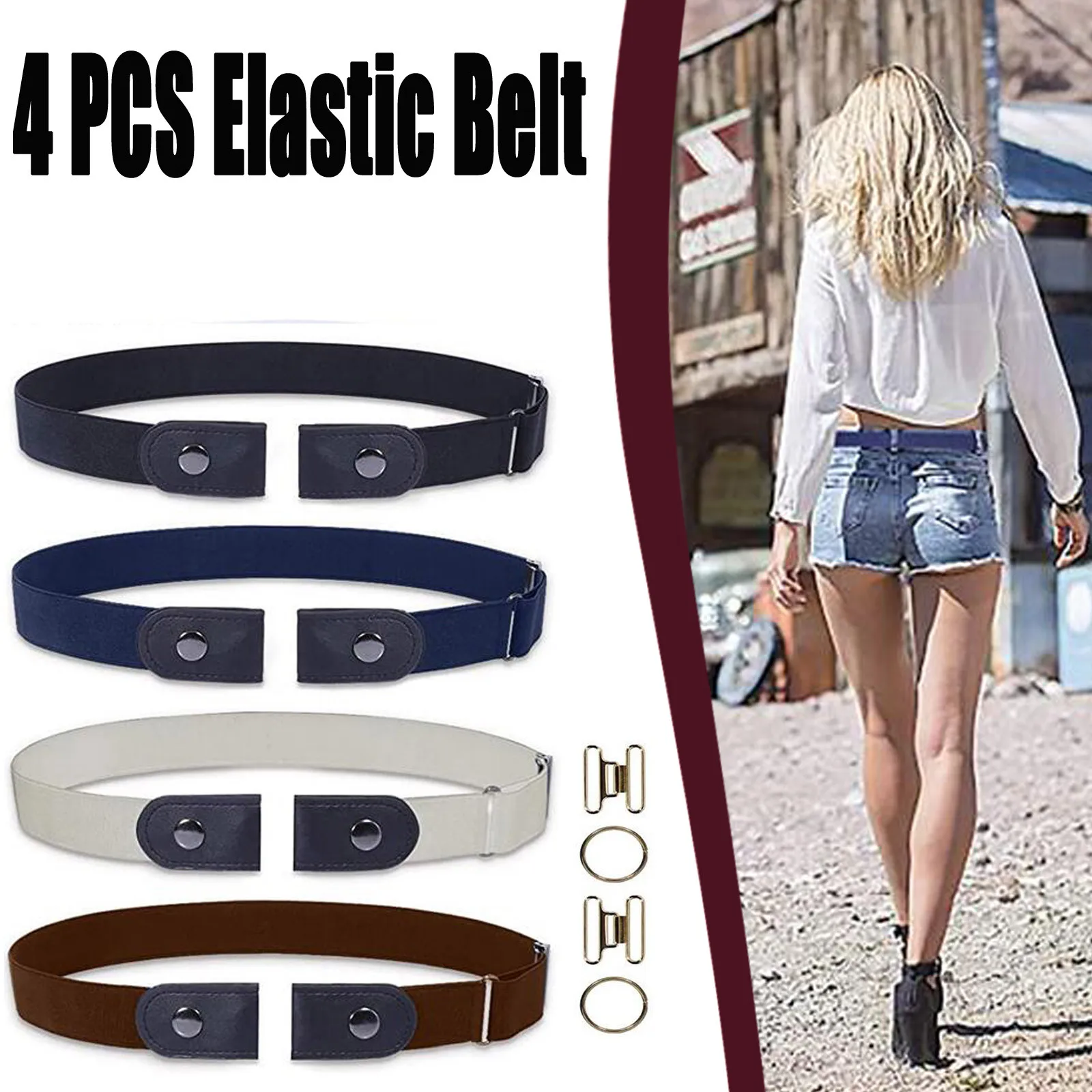 Stretch Elastic Belt 4pcs Women Men Waistband No Buckle Casual Jeans Dress Pants Accessories Fashion Waistband Stretchy Belt Set