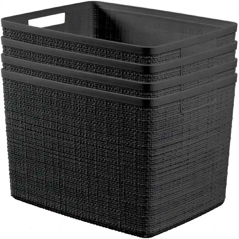 Large decorative plastic organization and storage basket, home office, closet rack, kitchen storage box, 4-piece set, black