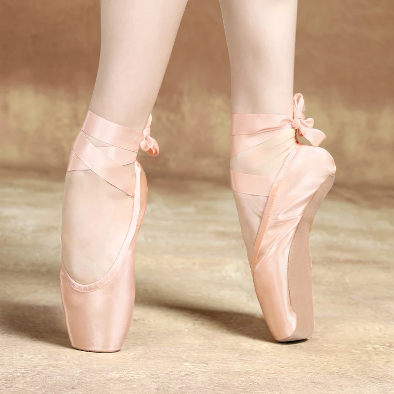Professional Ballet Pointe Shoes With Genuine Leather Sole Women Satin Ballet Shoes With Ribbons For Professional Ballerina