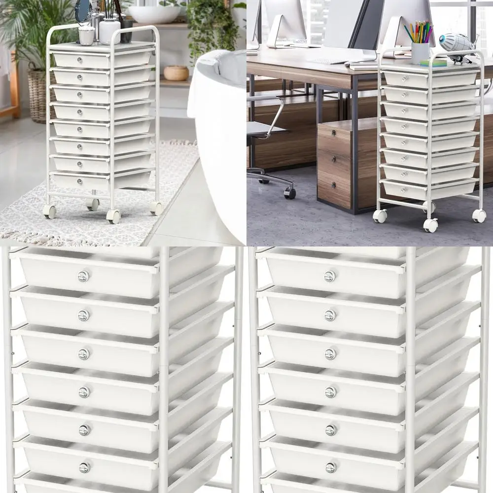 Carrinho de armazenamento móvel com 8 gavetas para artes e ofícios, branco