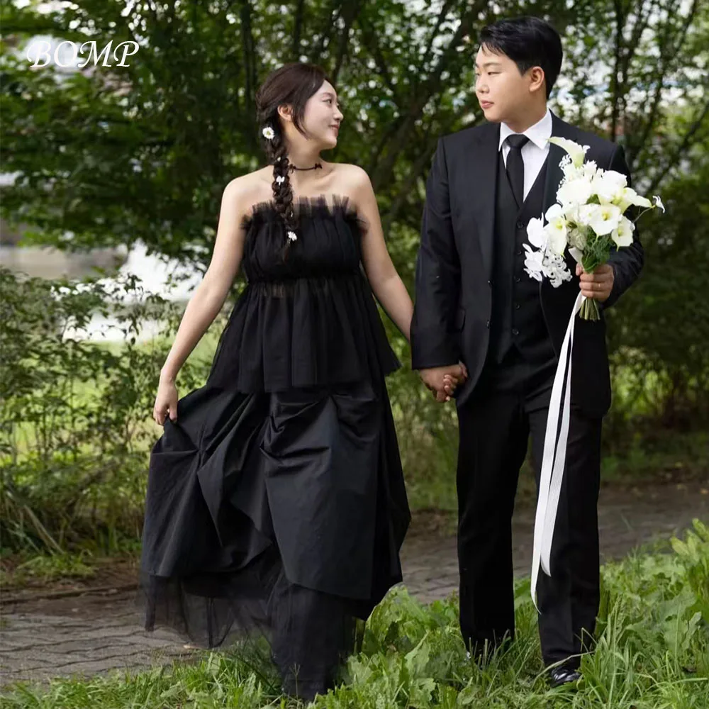 

ZHIO Modern Black Wedding Dress Strapless Tiered Pleat A-Line Party Dresses Korea Photo Shoot Bridal Gown Customized 웨딩드레스