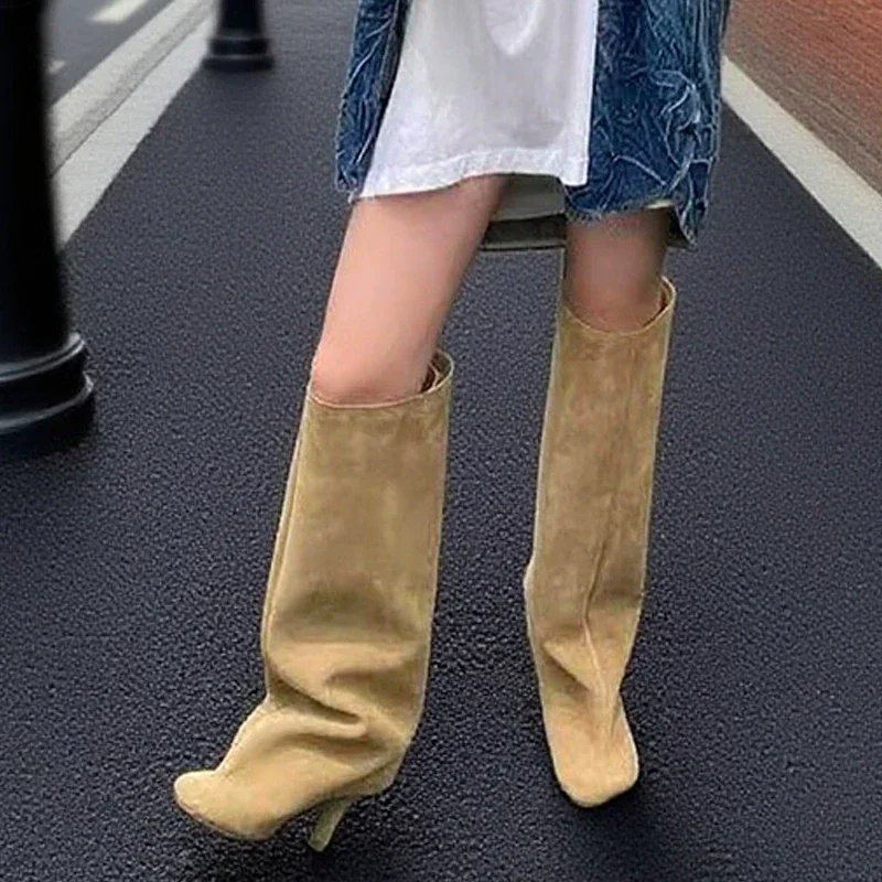 Winter Street Punk Round Toe Women Knee High Boots Sexy Thin Heels Female Modern Long Booties Shoes Big Size 44