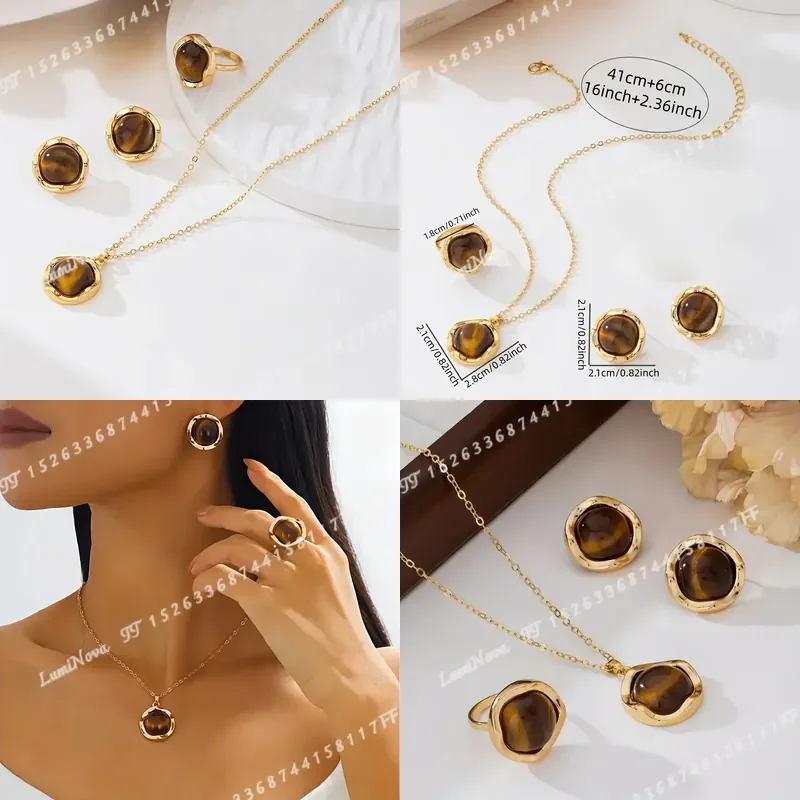 Women Fashion Jewelry Set Imitation Tiger Eye Stone Necklace Ring Elegant Daily Wear Vacation Festival Gift for Her