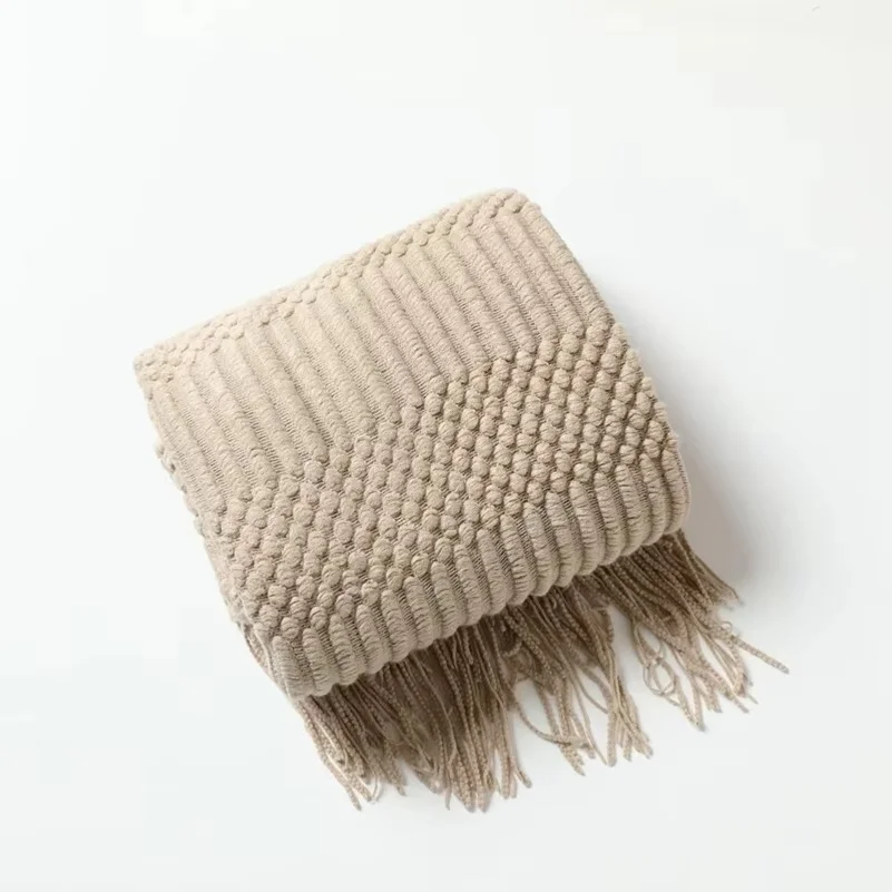 Khaki Gift Knitted Blanket with Tassels Chunky Vintage Luxury Farmhouse Throw Bedspread Oversized Blanket Cover