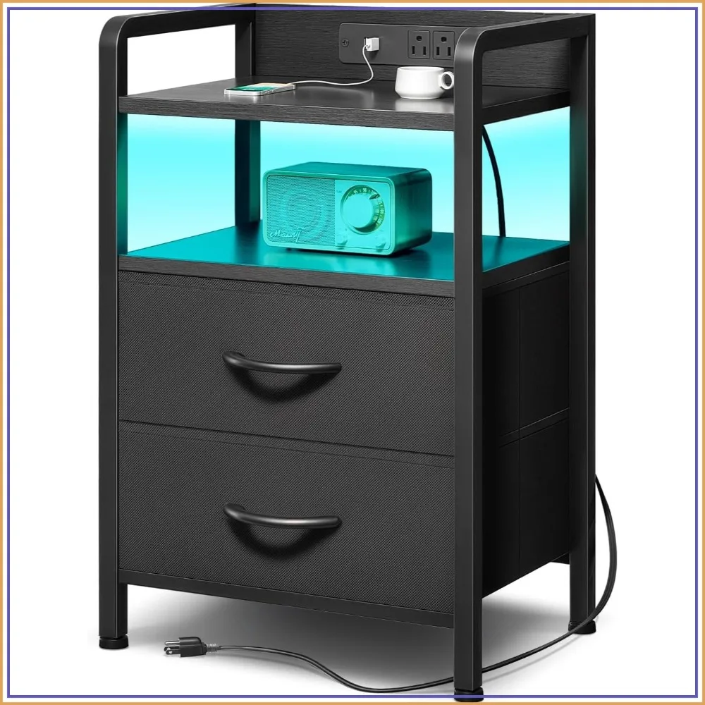 Nightstand with Rear Charging Station, LED Light, 2 Drawers, Black