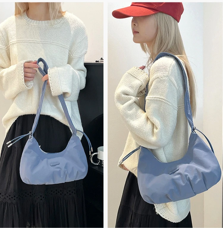Ladies' waterproof nylon fabric pleated single-shoulder underarm bag in solid color simple crossbody dumpling bag