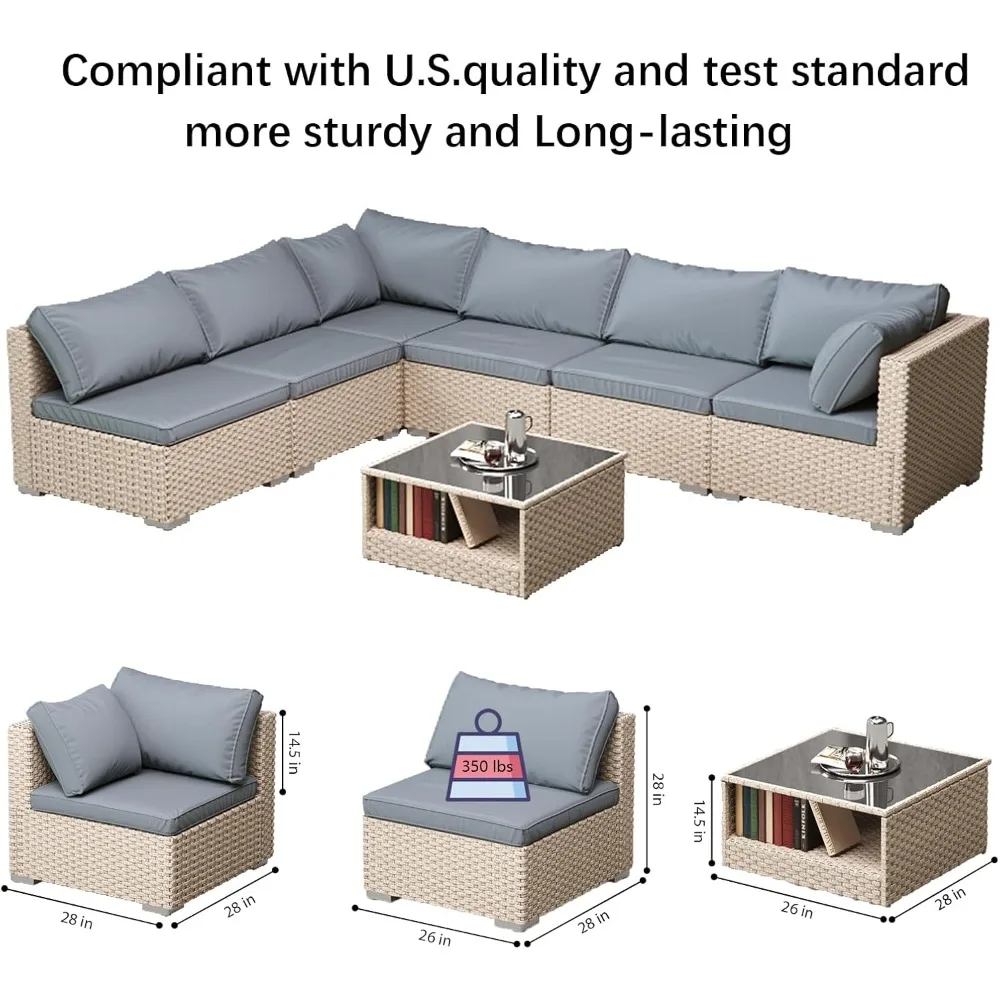 7-Piece Patio Furniture Set, Outdoor Wicker Conversation Set Sectional Sofa with Waterproof Thick Cushions and Coffee Table