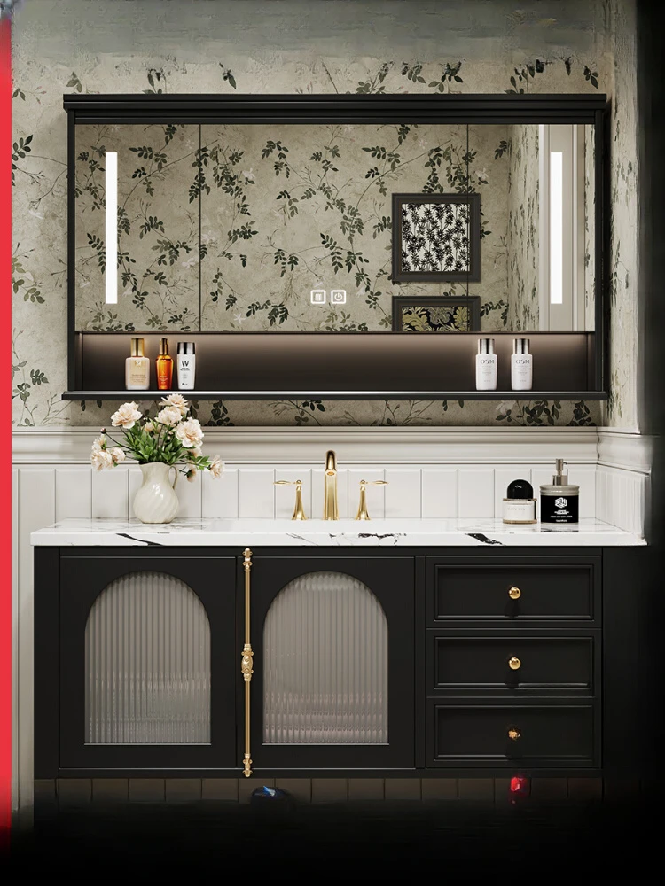 

Rock slab seamless integrated basin washstand rubber wood paint French light luxury hanging bathroom cabinet