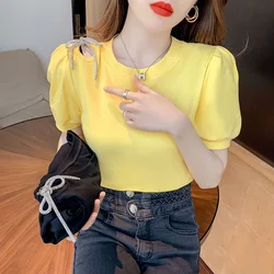 2023 New Summer European Clothes Cotton T-Shirt Women Chic Sexy O-Neck Hollow Out Bowknot Tops Short Sleeve All Match Tees 34295