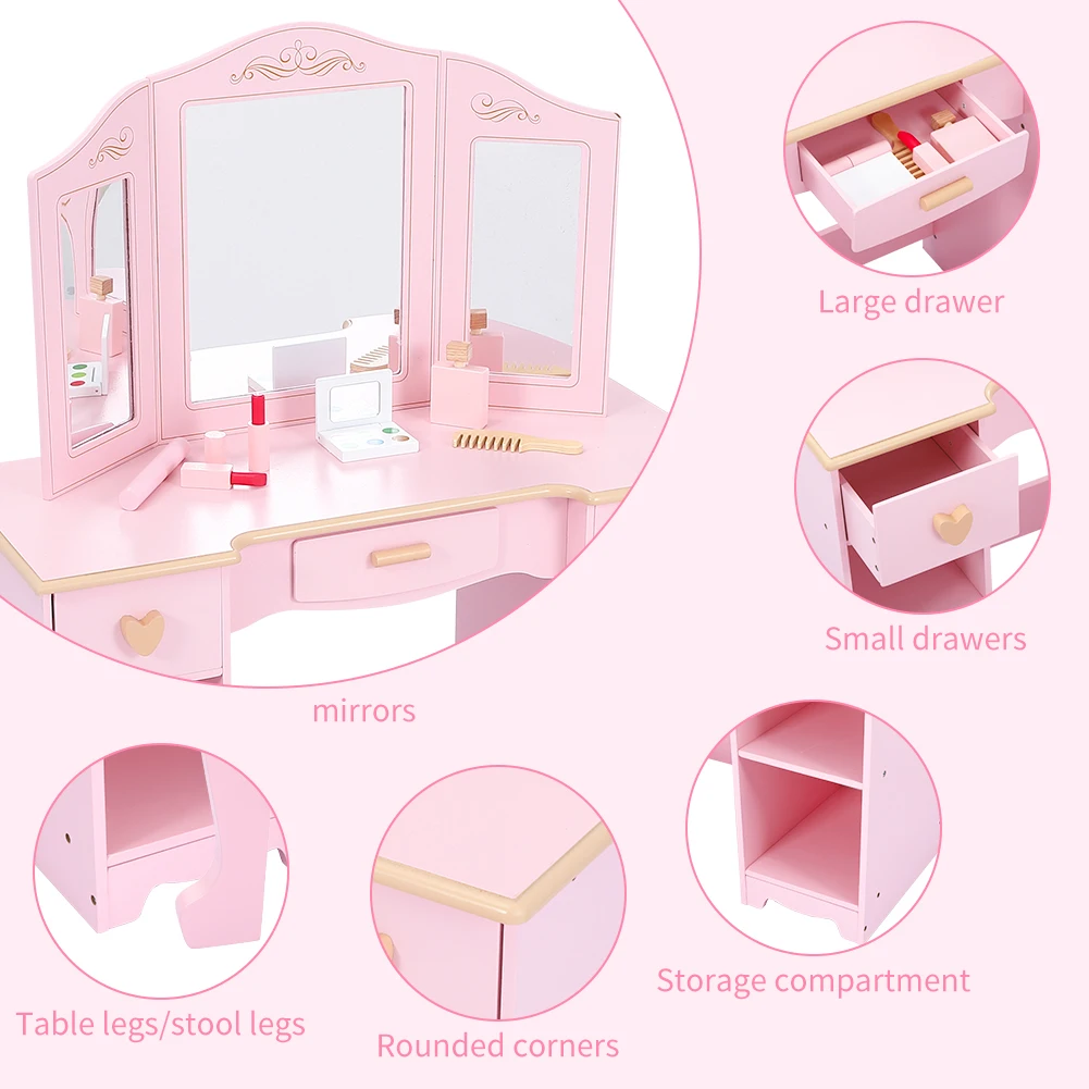 Kids Vanity, Pretend Play Vanity Set with Stool and Tri-Fold Mirror, Little Girl Makeup Desk,Toddler Dressing Table with Storage