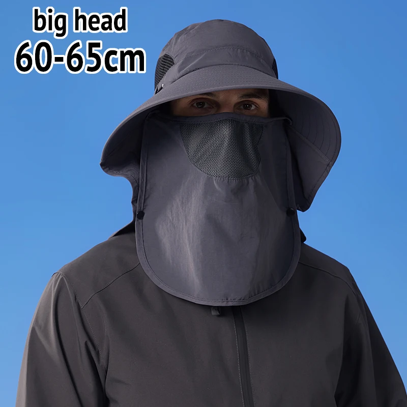XL XXL Big Head Sun Hat 60-65cm Oversized Large Head Fishing Hat with Face Mask Neck Flap 360 UV Protection Bucket Cap view 6