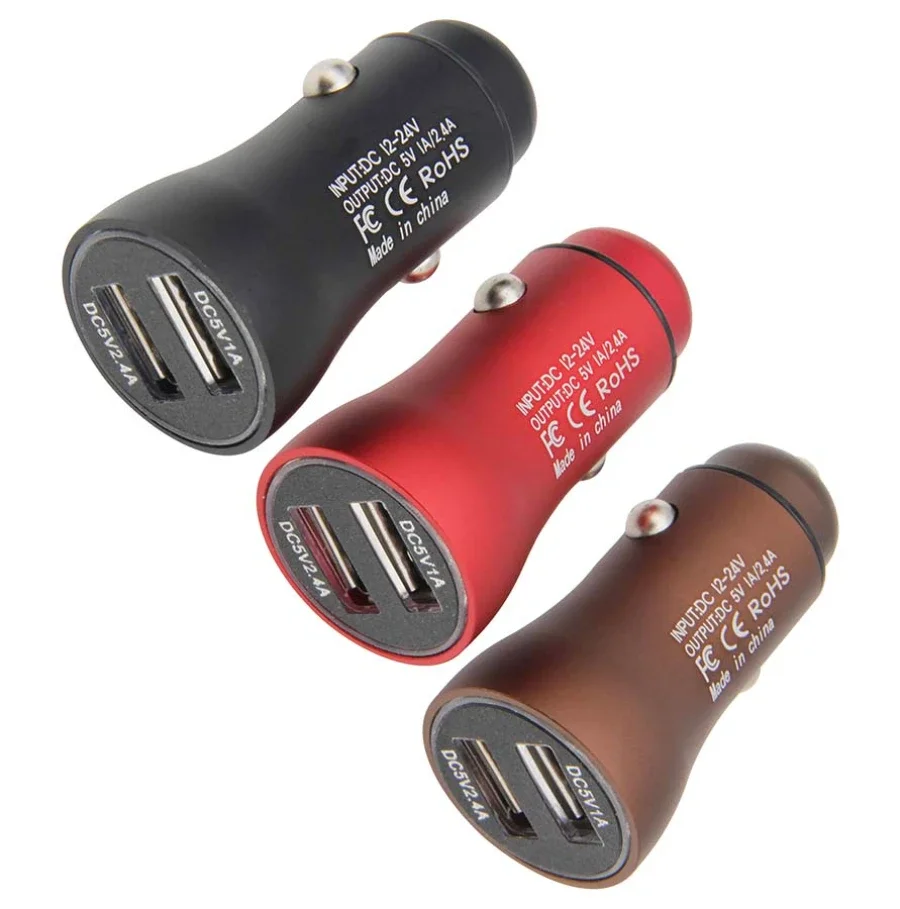 50pcs Mini Dual USB Car Charger 2.4A Fast Charging For iPhone Xiaomi Samsung Car Phone Charge Power Adapter with LED Light