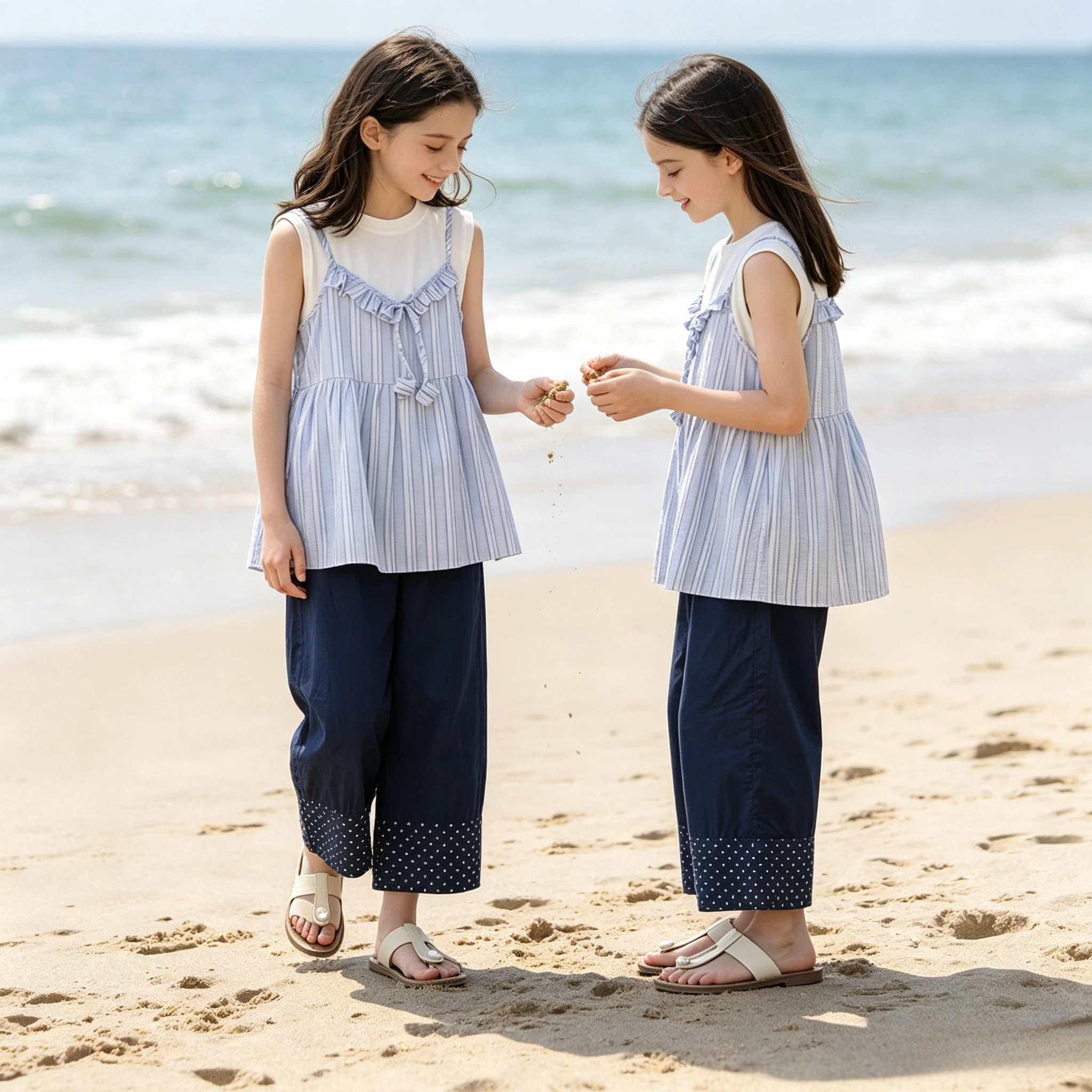 Girls Cotton Linen 3pcs Set Sleeveless Tank Striped Cami Polka Dot Pants Kids Casual Outfit for Summer School Trips Casual Wear