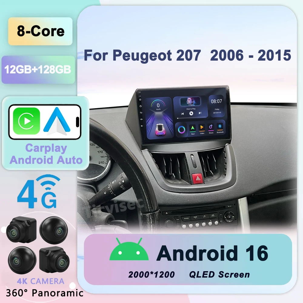 

2 Din Android 16 for Peugeot 207 CC 207CC 2006 - 2015 Car Radio Multimedia Player Carplay Auto Stereo GPS DVD Head Unit
