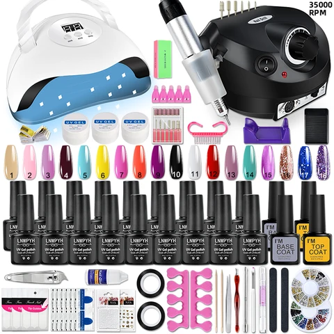 Conjunto profissional de gel para unhas, kit de ferramentas de manicure e lâmpada para unhas, 18 cores, kit de esmalte em gel uv, contém máquina de broca para unhas