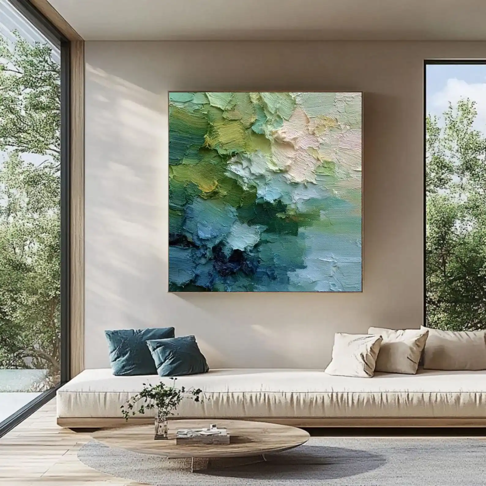 Mhemyo Large Green Thick Impasto Oil Wall Art Sage Emerald Abstract Handmade Canvas Modern Minimalist Texture Artwork Home Decor