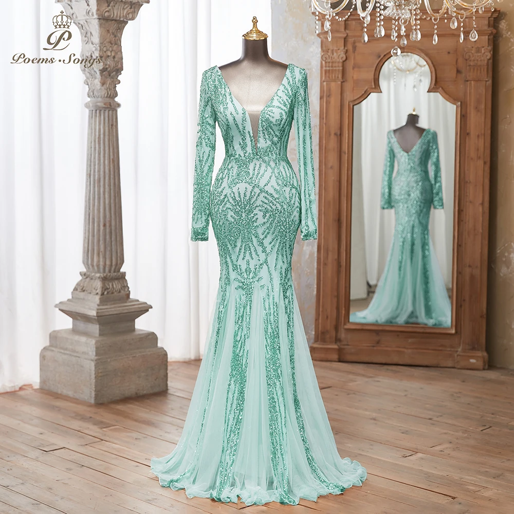 Luxurious Mint green Long Sleeve Sequin Gown Deep V-Neck Embellished Pattern Mermaid Formal Dress Elegant Evening Special Events