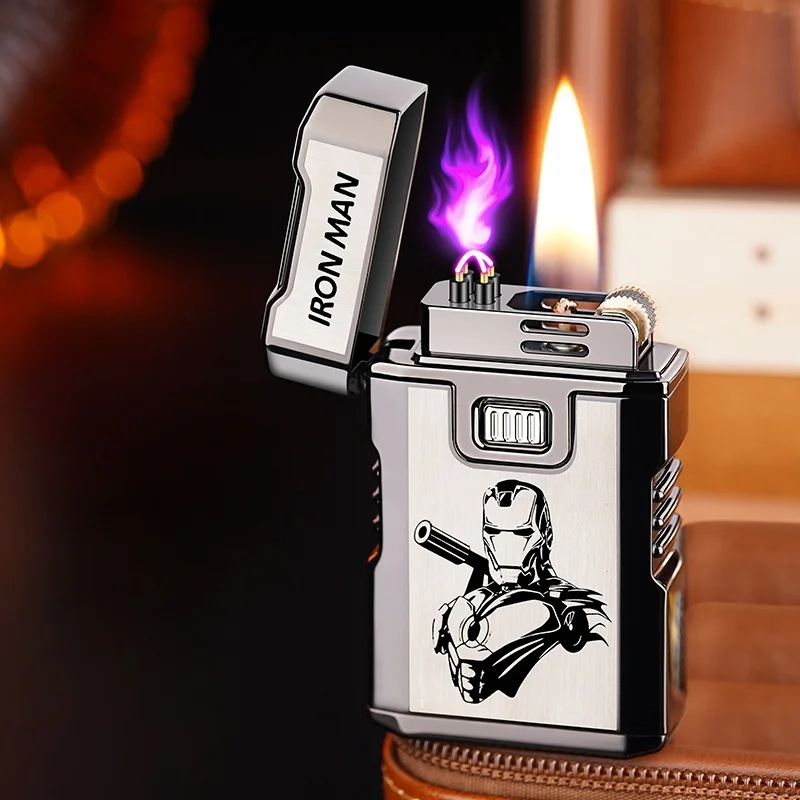 Creative Silver Plated Oil Electric Double Flame Windproof Open Flame Kerosene Lighter Dual Arc Pulse Type-C Electric Lighters