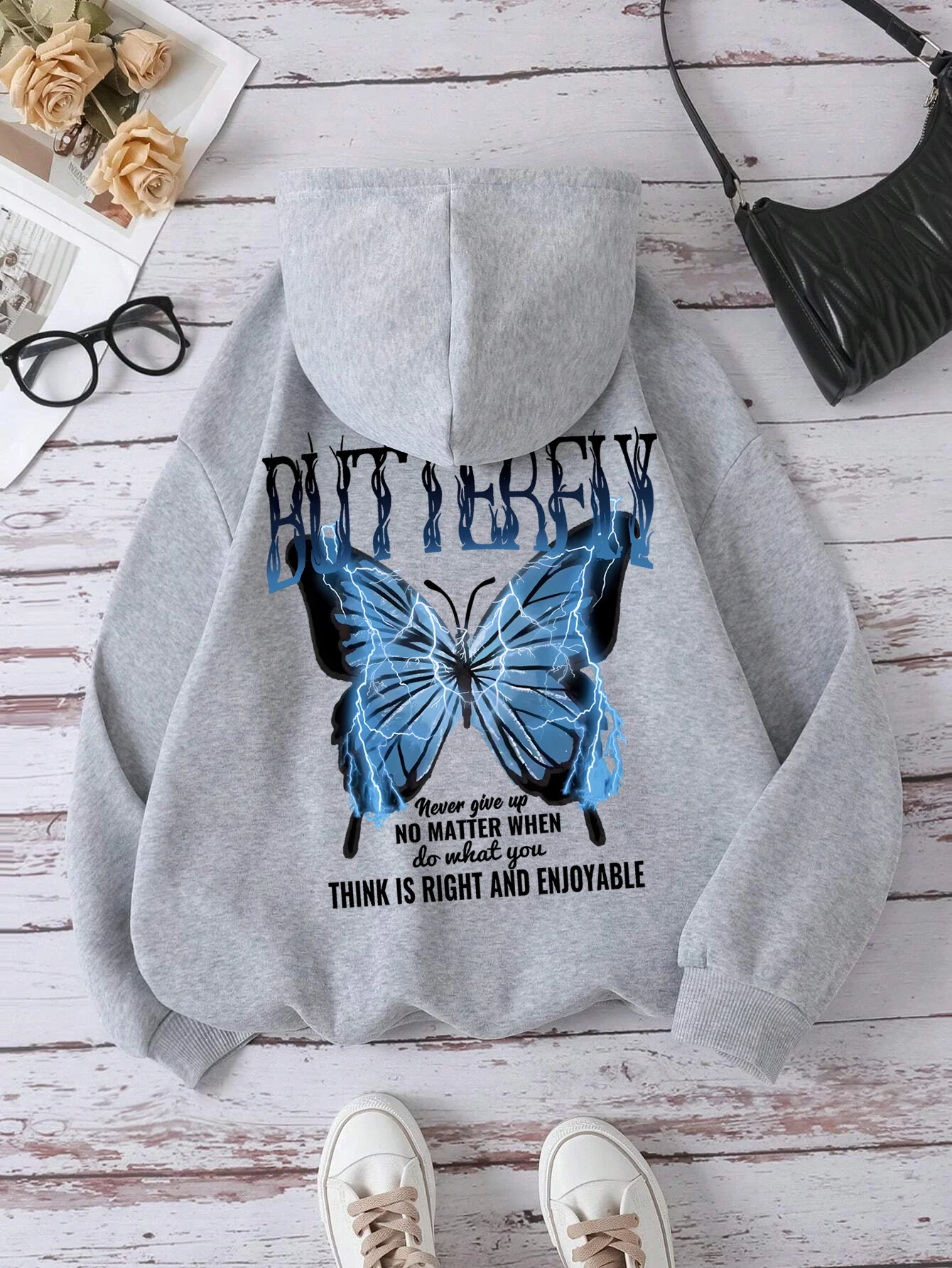 Blue Lightning Butterfly Creative Word Printed Hoody Female 