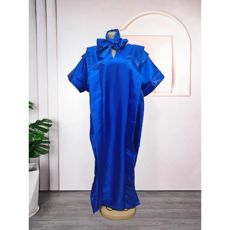 Oversize elegante maxi vestido feminino manga curta babados cetim seda festa vestido de verão 2025 casual solto cor sólida vestidos