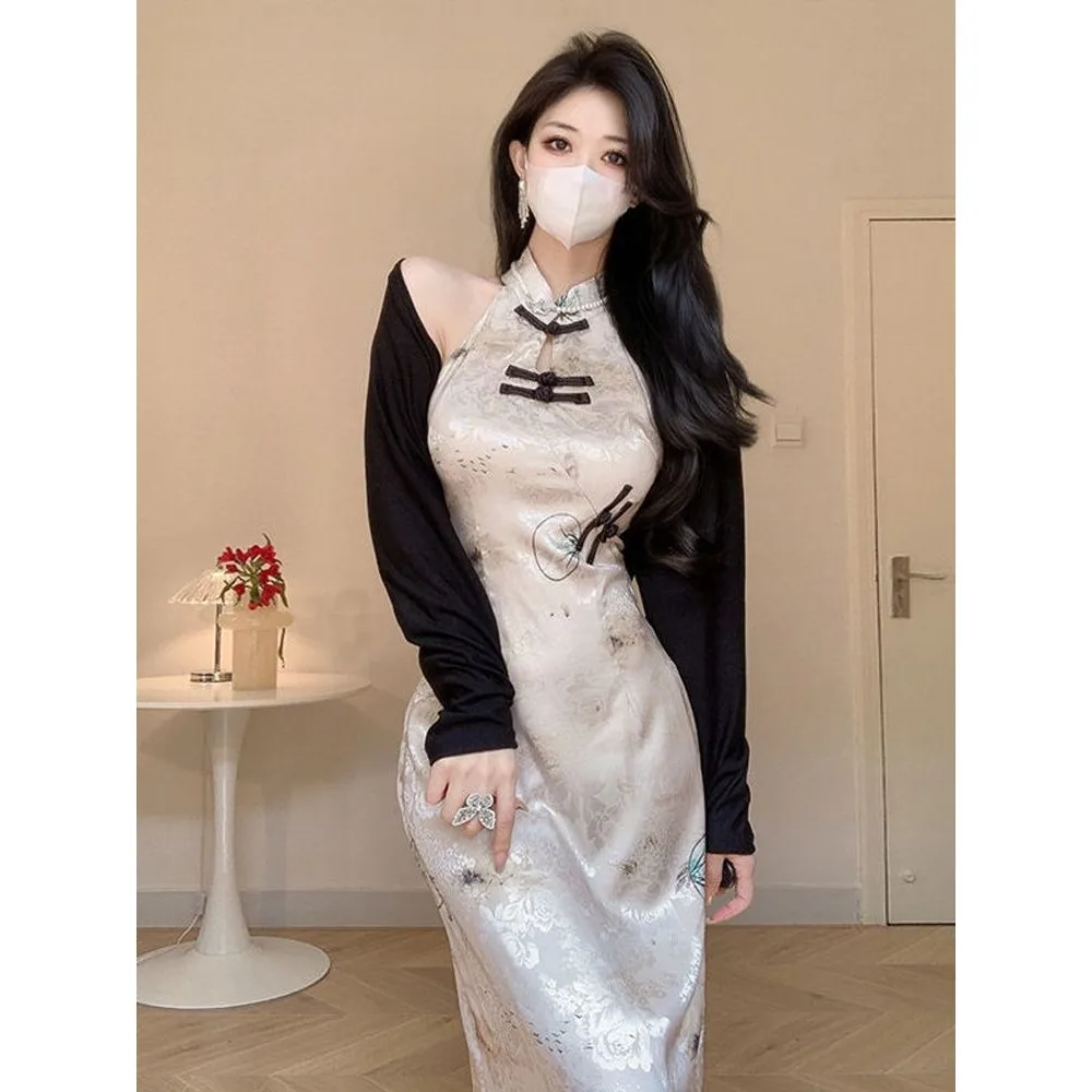 novo-vestido-qipao-estilo-chines-retro-com-estampa-sem-mangas-slim-com-conjunto-de-cardigan-de-manga-longa-para-mulheres-no-verao