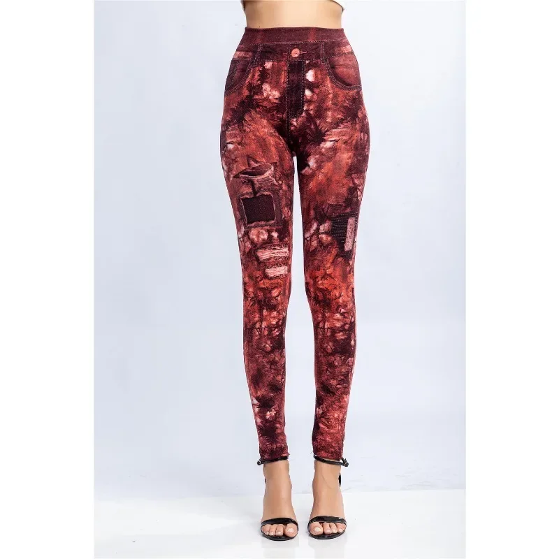 Women Print Imitation Denim Legggings Stretchy Slim Tights High Waist Hip Liftting Casul Pants Workout Running Gym Pants