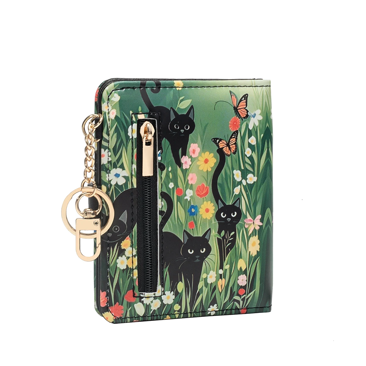 Schwarze Katze mit Blumenmuster, RFID-Schutz, Damen-Geldbörse, ultradünne, kompakte Kreditkarten-Geldbörse mit Schlüsselanhänger, aus Kunstleder, zweifach gefaltet, mit Reißverschlussfach für Münzen, transparentem Fach für Ausweise, geeignet für Damen/Mädchen. – Detail 3