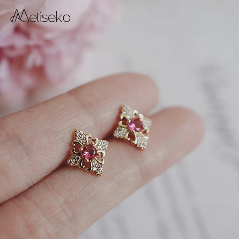 Metiseko 925 Sterling Silver Rose Red Diamond-Shaped Stud Earrings French Retro Style Earrings for Women Party