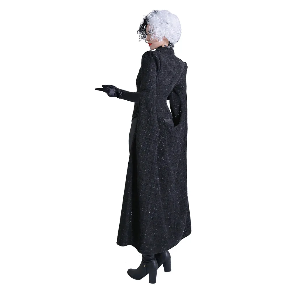Disfraz de Cruella para mujer adulta, abrigo negro, peluca, trajes, Halloween, Carnaval, juego de rol, ropa de mujer
