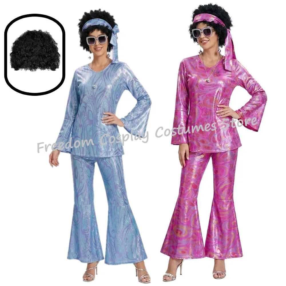 Nuevo Disfraz de Halloween Vintage Años 70 y 80, Estilo Rock, Disco, Hippie, Top Flare, Pantalones, Peluca, para Mujer, Traje de Cumpleaños Años 60, Accesorios para Fiesta de Graduación Años 70