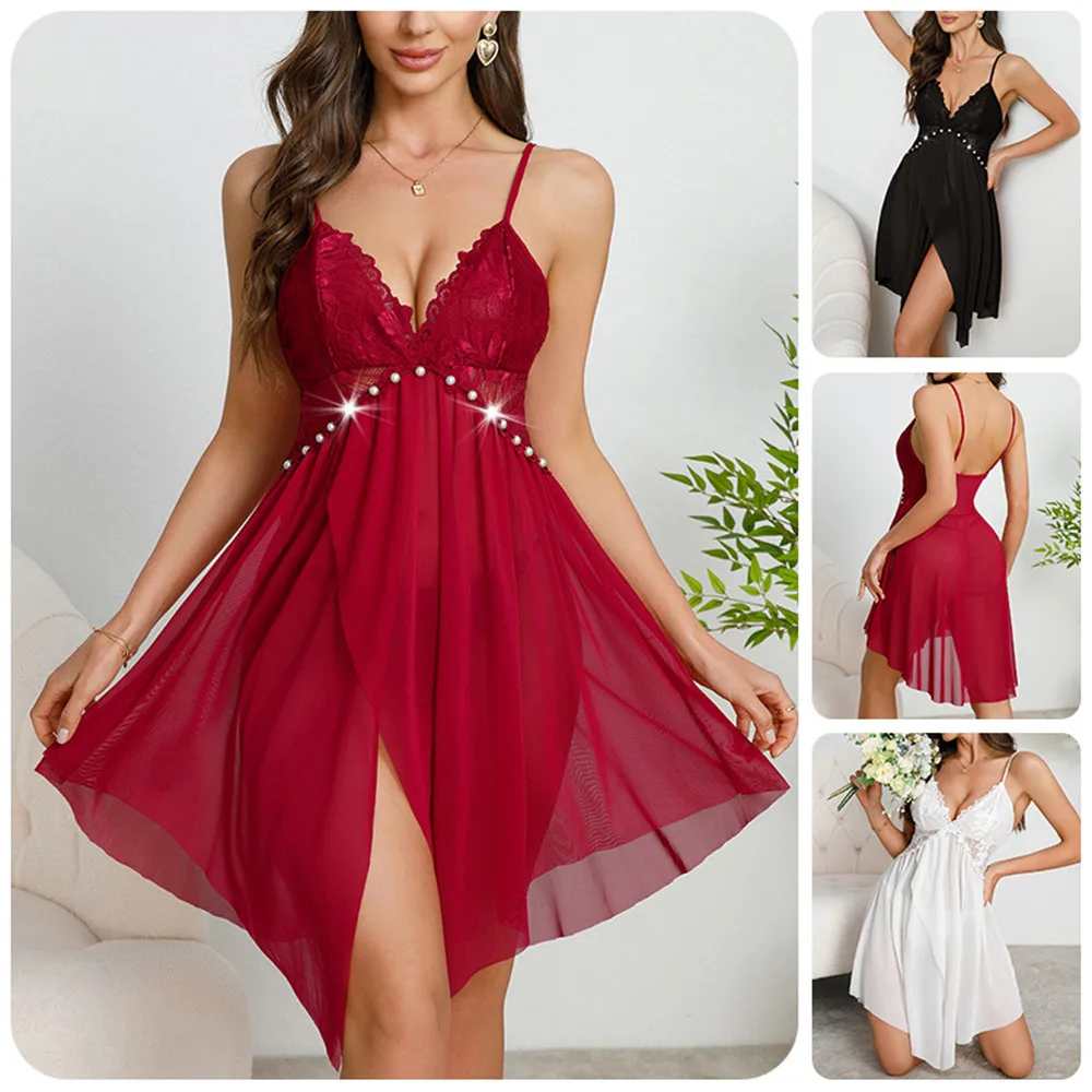 

Сексуальная мини-сетчатая ночная рубашка с разрезом на подтяжках, женская шифоновая ночная рубашка, одежда для сна, лоскутное кружево, домашняя одежда с открытой спиной