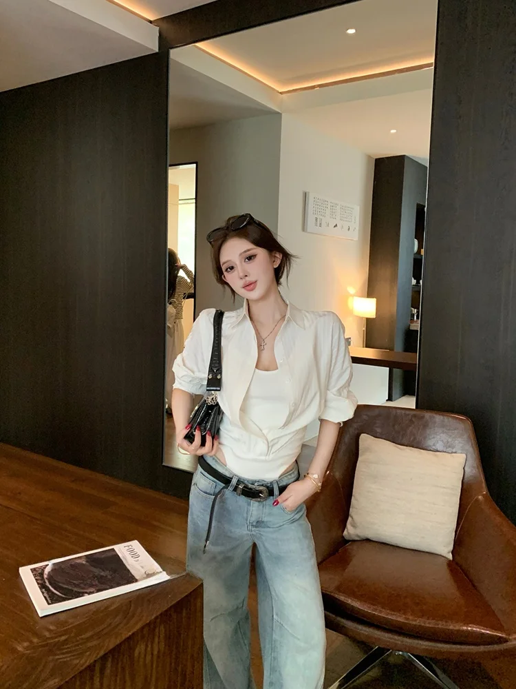 

Miss Yao White Splice Fake, двухсекционный длинный воротник-свек, женский осенний цельный комбинезон Pure Desire с застежкой на талии